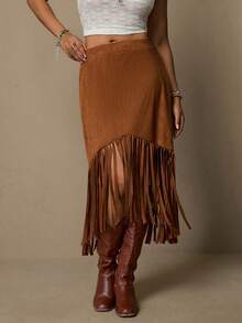 Freevana 大码波西米亚风麂皮流苏半身裙，休闲假日风 - 棕色 - 查看 4