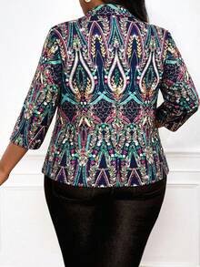 SHEIN Lady 大码女式西装外套，宫廷水钻印花，四季皆宜；商务休闲女式花卉印花西装外套，优雅大方，适合派对、学校聚会等场合，秋冬季女式正式西装外套，奢华夹克，锦缎提花夹克，女式教堂礼服，女式奢华闪亮西装外套，春季女装 - 藏蓝色 - 查看 2