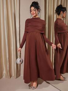 SHEIN Maternity Dress With Long Sleeves, Elegant Fitted Style, Suitable For Autumn/Winter Pregnancy - Mocha Brown - View 1