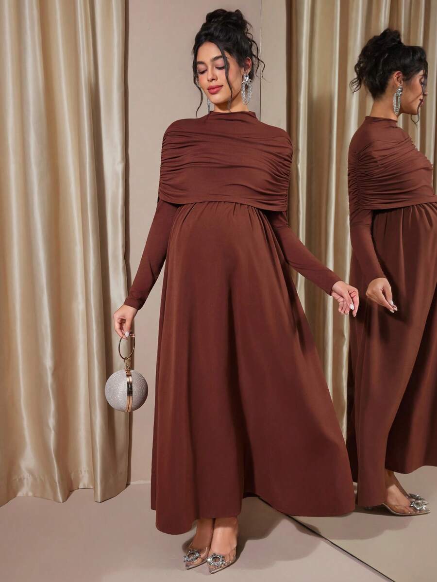 SHEIN Maternity Dress With Long Sleeves, Elegant Fitted Style, Suitable For Autumn/Winter Pregnancy - Mocha Brown - View 1