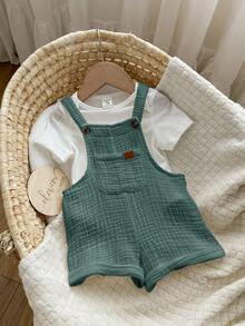 新生男宝宝可爱百搭纯白色纱布背带短裤 - 薄荷綠 - 查看 5