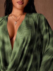 Rustia Deep Draped Neck Leopard Print Mesh Bodycon Mini Dress With Flared Sleeves, Sexy Party Wear For Women, Early Autumn - Green - View 6