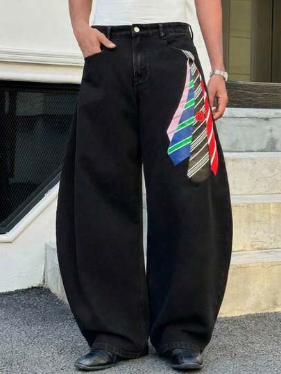 SWAVVY Casual Loose Fit Wide Leg Button Pocket Men Jeans Men Wide Leg Jean Baggy Jeans Y2k Men Graphic Baggy Jeans Black Baggy Jean