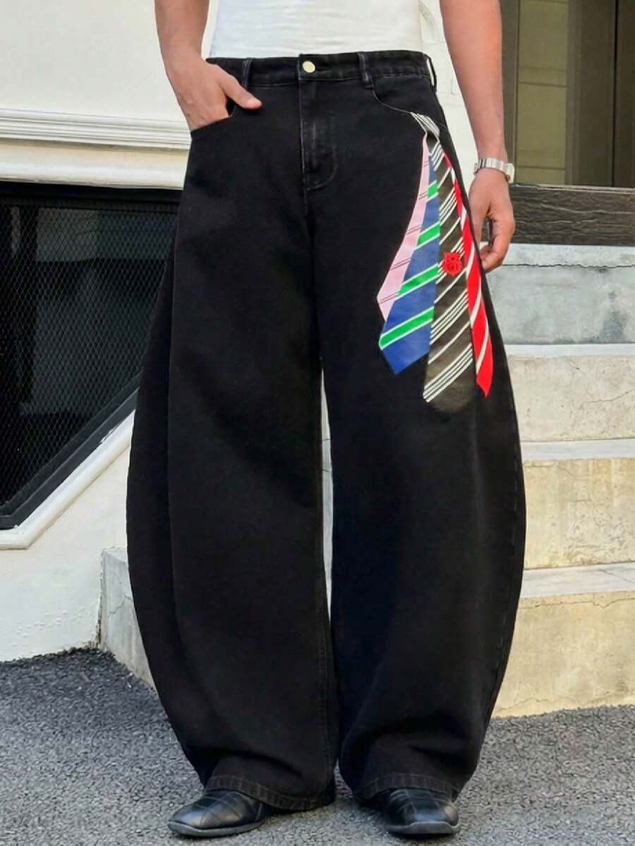 SWAVVY Casual Loose Fit Wide Leg Button Pocket Men Jeans Men Wide Leg Jean Baggy Jeans Y2k Men Graphic Baggy Jeans Black Baggy Jean - Black - View 1