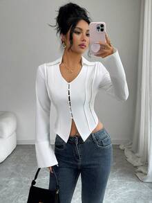 Modelyn White Long Sleeve V-Neck Mushroom Button Decor Sexy Fitted Blouse - White - View 6