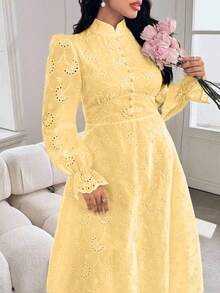 Modelyn Plus Size Women French Style Mandarin Collar Embroidered Puff Sleeve Dress - Yellow - View 5