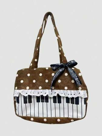 Anime 1 pieza Bolso de mano de mujer con estampado de lunares, parche de corazón con lazo, estilo pop art. Bolso de hombro transparente de segunda generación con notas musicales, adecuado para compras, campus