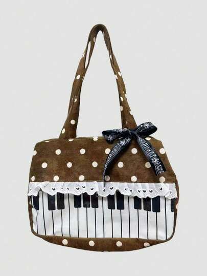 Anime 1 pieza Bolso de mano de mujer con estampado de lunares, parche de corazón con lazo, estilo pop art. Bolso de hombro transparente de segunda generación con notas musicales, adecuado para compras, campus