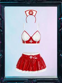 Fantasy Costume Bộ trang phục y tá gợi cảm 3 món - Vải PU & ren chắp vá, viền xếp nếp, thiết kế trong suốt, váy nhiều lớp + đồ lót + mũ đội đầu, dành cho Halloween - Đỏ và trắng - Xem 5