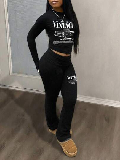 Slaydiva 2025fall Clothes For Women/Winter Clothes For Women/Sets 2 Pieces Women/Flare Jeans/Long Sleeve Tops/Casual Round Simple Collar Long Sleeve Yoga Pants Short Pleated Top Yoga Wide Leg Pants Flared Pants Trousers Women's Two Pieces Suit/Y2k Clothes/Streetwear/Going Out Tops Women/Vintage Car Graphic