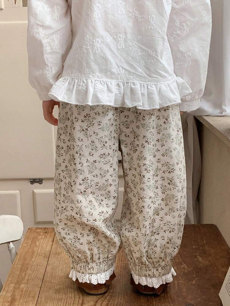 Toddler Girls' Floral All-Over Print Casual Loose Lace Trim Patchwork Bottoms