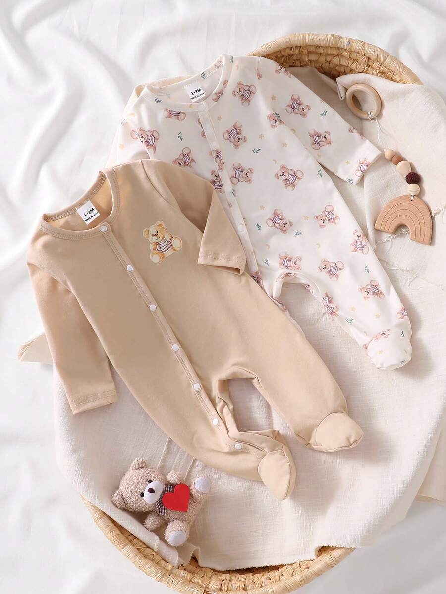 Newborn Baby Pajamas-2 Piece Pajama Footed Romper Set Panda Print Pink Cloud Print Round Neck Long Sleeve Zip Front Full Length All Season 2026 Holiday Must Have Soft Lightweight Cozy Easy Care Nightwear Nursery Gift Cute Playtime - Multicolor - View 1