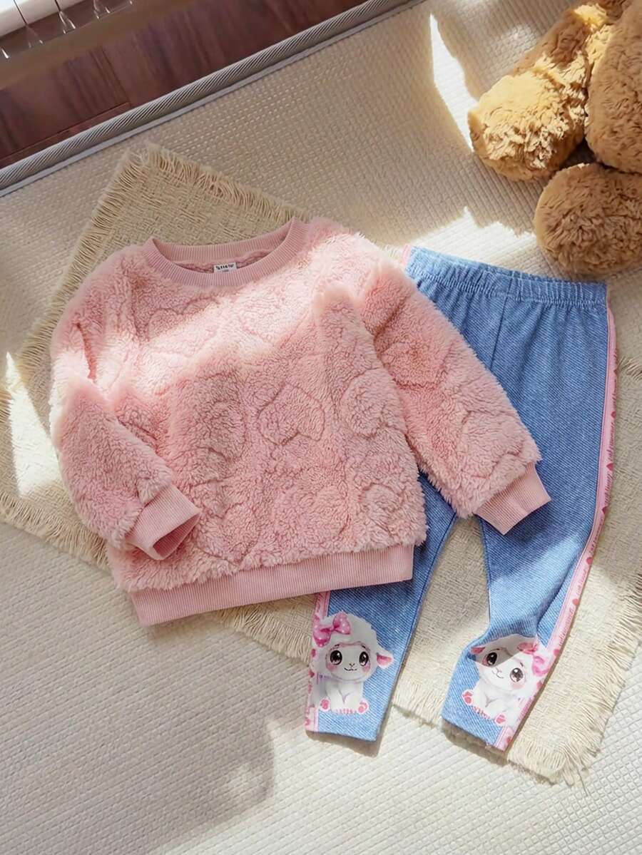 SHEIN Babygirl Cute Casual Pink Fluffy Heart Pattern Long Sleeve Sweatshirt And Pants Set - Multicolor - View 1