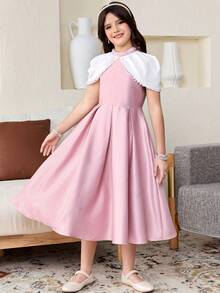 Vestido elegante para niña preadolescente con decoración de perlas, cuello alto pequeño y diseño de bloques de color patchwork - Rosa Pálido - Ver 4