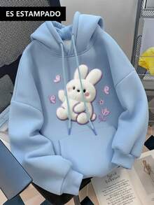 Sudadera femenina mujer casual con estampado conejo bonito mariposa tierno diseño divertido tela gruesa holgada capucha manga larga otoño invierno para fiestas casa calle escuela cool - Azul - Ver 1