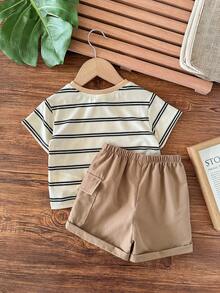 2-Pack Babyboy Summer Cute Striped Cartoon Bear Pattern Short-Sleeve T-Shirt Set With Elastic Waist And Khaki Shorts Casual Daily Wear Summer Boy Striped Short Sleeve Shirt Toddler Boy Shorts Toddler Summer Set Baby Boy Summer Outfit - Khaki - View 2