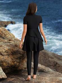 Swim Mulvari Women's Spring Burkini Set - Short-Sleeved Top, Double-Layer Asymmetrical Skirt With Waist Tie & Bottoms, All-Black Casual Vacation Two Pieces Swimsuit - Black - View 2