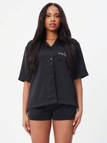 BABYPHAT Rhinestone Cat Print Short Sleeve Button Up Pajama Sleep Shirt With Collar And Chest Pocket - Black - View 6