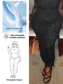 Hourglow Chân váy xòe đuôi cá bằng vải lưới họa tiết hoa dành cho nữ cỡ lớn, kiểu dáng thanh lịch/Mùa thu/Mùa đông - màu đen - Xem 1