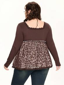 ROMWE Fairycore 豹纹棕色网纱蝴蝶结针织长袖上衣，大码女式衬衫，休闲秋冬款 - 彩色 - 查看 4