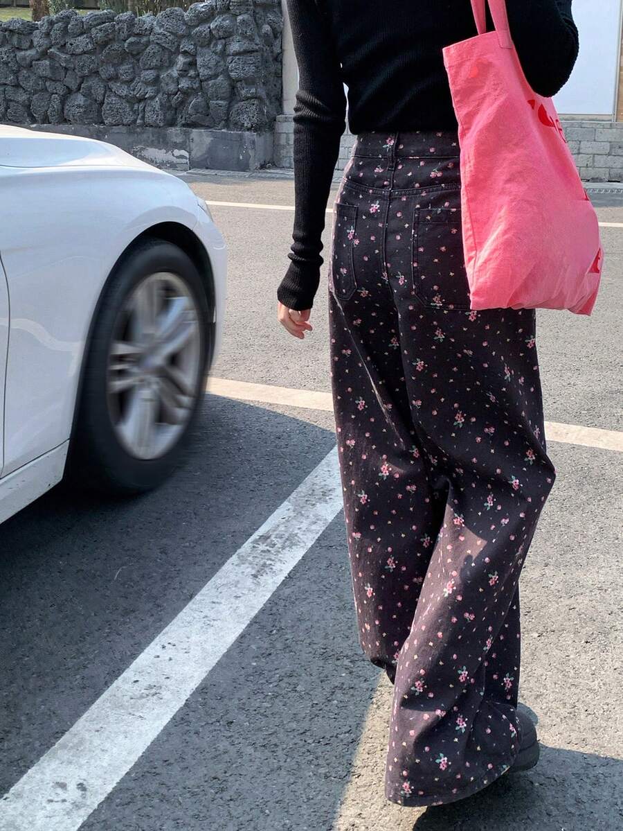 DAZY Women's Floral Print Casual Loose Relaxed Wide Leg Jeans, - Blue - View 1