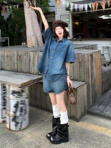 DAZY 2件套女士水洗渐变韩版休闲宽松牛仔上衣和短裤套装 春季 - 藍色 - 查看 1