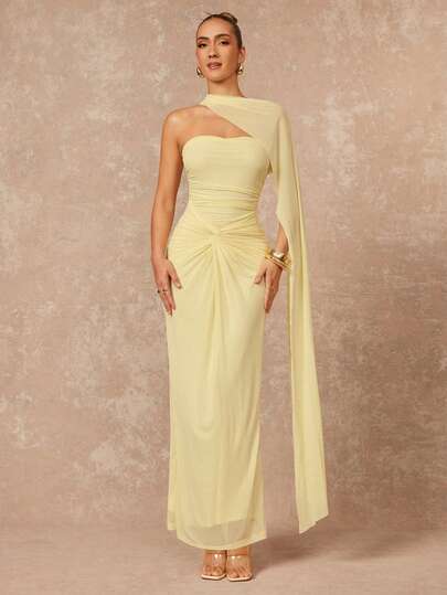 Lumalex Vestido de cola de pez transparente con volantes en el pecho (lentejuelas desmontables), elegante y sencillo de color crema amarillento, de alta gama, nuevo para otoño e invierno, adecuado para citas, vacaciones, fiestas, bodas, eventos de damas de honor, vestido de noche