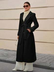 EURMUSE Lapel Collar Double-Breasted Belt Extra Long Overcoat - Black - View 3