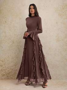 SHEIN Tall 女士优雅咖啡棕色长袖高领荷叶边连衣裙，适合约会、派对、正式场合、秋冬季穿着。 - 咖啡棕 - 查看 5