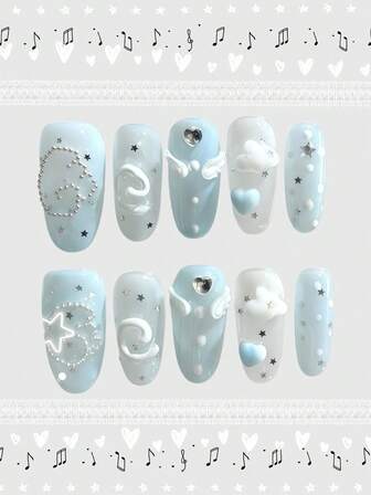 Anime 10 Stück Y2K Retro Stern, Polka Punkt, Streifen, Pop Art, Grunge, Musiknoten dekorative Künstliche Nägel, handgefertigt, geeignet für Uni, Musikfestivals, Dates, usw.