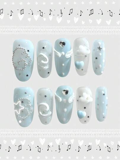 ROMWE Anime 10片Y2K复古星星、波点、条纹、波普艺术、朋克、音符装饰假指甲，手工制作，适合大学、音乐节、约会等场合。