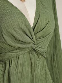 SHEIN ICON Plus Size Women Twist Knot Textured Black Lantern Sleeve Top - Mint Green - View 9