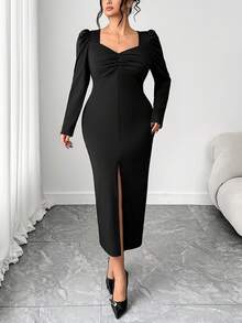 Elenzga Plus Size Women's Elegant Solid Color Square Neck Puff Sleeve Ruched Waist Split Hem Bodycon Dress, Suitable For Business, Date, Party, Afternoon Tea, Holiday, Christmas, Valentine's Day, Autumn/Winter - Black - View 7