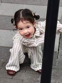 DAZY 2pcs Baby Girls Striped Casual Loose Shirt And Long Pants Set - Khaki - View 2