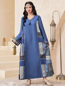 SHEIN Teen Girls' Blue Vacation Casual V-Neck Long Sleeve Dress, Loose Arabic Style V-Neck Dress, Girls' Spring Autumn Dress, Everyday Wear, Arabic Jalabiya Dress Teen Modest Dress Long Modest Dresses - Blue - View 6