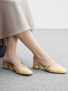 CUCCOO BIZCHIC Giày cao gót hở lưng mũi vuông màu mơ thanh lịch cho nữ, giày cao gót hở lưng cho nữ - Màu be - Xem 5