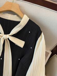 GlowEve CURVE Đầm midi dài tay phối màu dành cho nữ cỡ lớn, trang trí bằng ngọc trai và cổ áo nơ, phù hợp cho mọi mùa. - màu đen - Xem 4