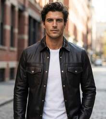 Camisa tipo chaqueta de vinil negro para hombre - Negro - Ver 5