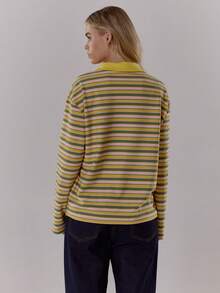 MUSERA 条纹纽扣宽松翻领Polo衫，舒适可爱休闲，适合咖啡俱乐部、优雅春夏穿着 - 黃色 - 查看 2