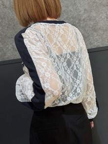 FRIFUL Women's Round Neck Lace Patchwork Letter Print Contrast Color Loose Long Sleeve T-Shirt - White - View 1