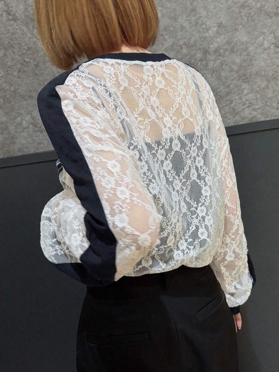 FRIFUL Women's Round Neck Lace Patchwork Letter Print Contrast Color Loose Long Sleeve T-Shirt - White - View 1