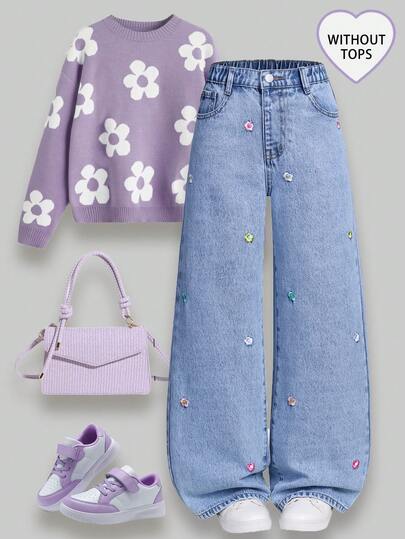 Sparklyn Jeans para niña preadolescente, nuevos pantalones vaqueros de pierna ancha con diseño desgastado y lavado con copos de nieve bordados, pantalones de pierna ancha con bordado de corazón colorido y lindo, jeans de pierna ancha sueltos para niñas, azul claro, adecuados para Navidad, Año Nuevo, Día de San Valentín, uso diario, escuela, lavanda cómoda y linda, estética morada para niñas