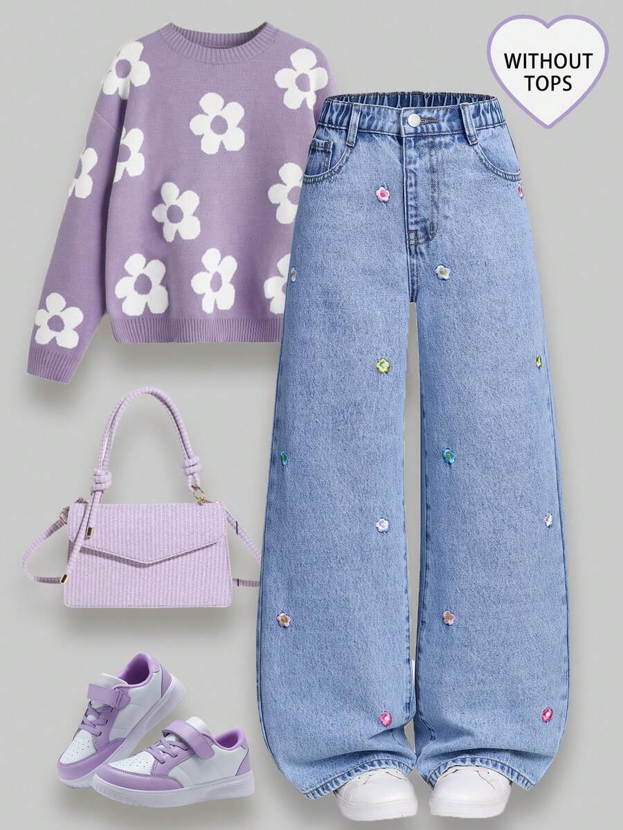 Sparklyn Tween Girl Jeans , New Fashion Snowflake Washed Distressed Design Embroidered Wide Leg Jeans, Heart Embroidery Colorful Heart Cute Embroidered Wide Leg Pants, Girls Loose Wide Leg Jeans, Light Blue, Suitable For Christmas, New Year, Valentine's Day, Daily Wear, School Lavenders Cozy And Cute Purple Girls Aesthetic - Light Wash - View 1