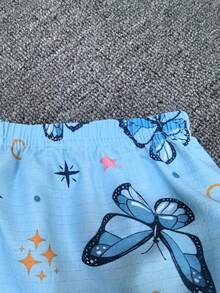 Butterfly Print Ruffle Collar Long Sleeve Girls Pajama Set Pajamas Set Butterfly Kids Pajama Set Pajama Set Blue Butterfly Blue Sleepwear Butterfly Pajamas Kids Leppard Print - Baby Blue - View 5