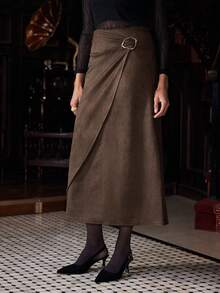 Uhlyne Uhlyne Damen eleganter plissierter Wildlederrock, vielseitig für Frühling, Herbst, Winter, geeignet für Urlaub, Party, Pendeln, Büro, Alltag, einfarbiger Metalldekor - Mokka-Braun - Übersicht 2