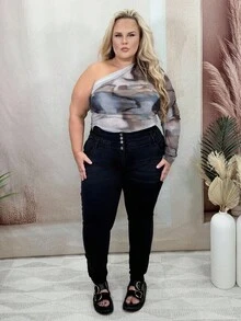 Hourglow Dollyholly86 Plus Size Casual Distressed High Waisted Slim Fit Jeans, For Hourglass Body Shape - Black - View 8