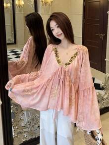 DAZY Women's V-Neck Ombre Long Sleeve Elegant Blouse, Spring/Autumn Vacation - Baby Pink - View 6