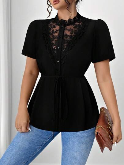 Elenzga Plus Size Women Fashion Casual Front Open Floral Lace Patchwork Short Sleeve Cardigan Blouse, Versatile For Commuting And Daily Wear, All Seasons