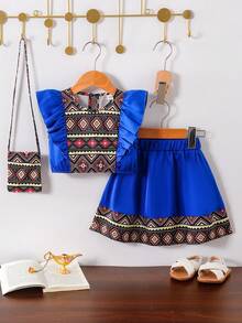 SHEIN 2pcs/Set Baby Girls' Blue Summer Outfit,Cute Middle Eastern Style Floral Print Top Ruffled Collar & Skirt With Shoulder Accessory,Boho Vacation Dress - Blue - View 2