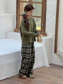 Hapijoa 少女纯色上衣和格子裤睡衣套装 - 軍綠色 - 查看 5